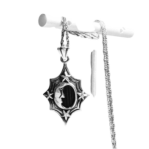 Vtg Unisex Silver Star & Moon Faux Malachite Pendant Necklace Twisted Chain - Picture 1 of 5